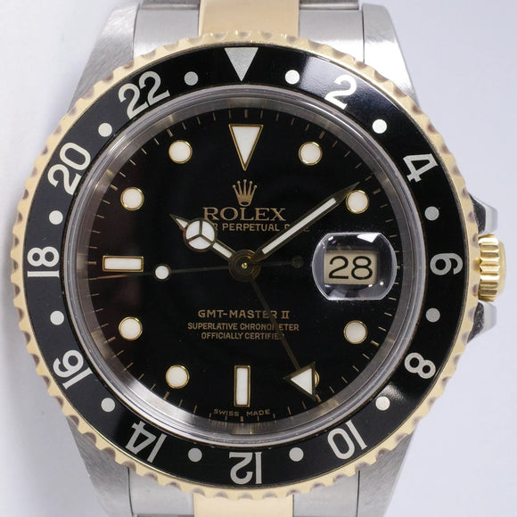 ROLEX TWO TONE GMT MASTER II BLACK DIAL 16713 BOX & PAPERS