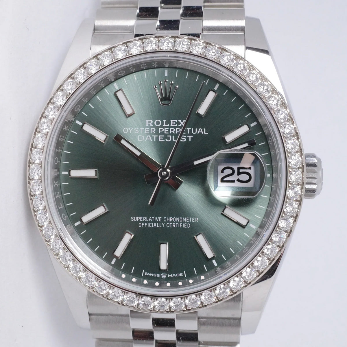 ROLEX DATEJUST 36 MINT GREEN FACTORY DIAMOND BEZEL 126284RBR