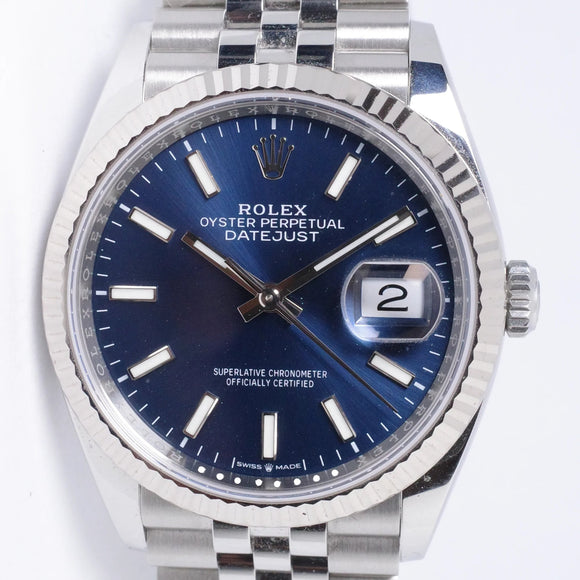 ROLEX 2023 DATEJUST 36 STAINLESS STEEL BLUE DIAL WHITE GOLD FLUTED BEZEL, JUBILEE BRACELET 126234 BOX & PAPERS $9900
