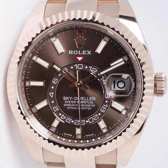 ROLEX 2023 EVEROSE GOLD SKY-DWELLER CHOCOLATE BROWN DIAL 336935 MINT, LIKE NEW BOX & PAPERS