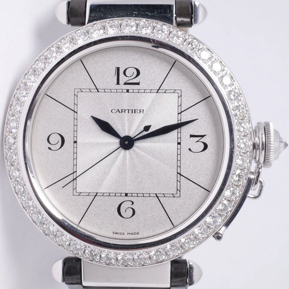 CARTIER 42mm WHITE GOLD PASHA FACTORY DIAMOND BEZEL FRESH FROM SERVICE WITH BOX SET WJ120251 $11,975
