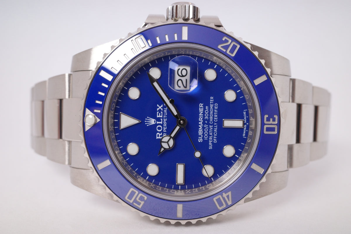 ROLEX WHITE GOLD SUBMARINER BLUE SMURF MINT BOX 