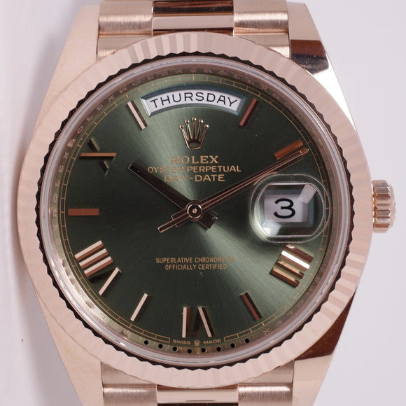 ROLEX 2024 UNWORN EVEROSE DAY-DATE 40 OLIVE GREEN DIAL 228235 BOX & PAPERS