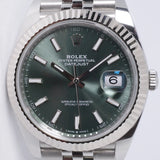 ROLEX 2025 DATEJUST 41 MINT GREEN DIAL, FLUTED BEZEL JUBILEE BRACELET 126334 BOX PAPERS $15,800
