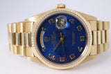 ROLEX YELLOW GOLD DAY-DATE SINGLE QUICK RARE BLUE JUBILEE MOTIF ARABIC NUMERAL DIAL 18038 WATCH ONLY $15,975