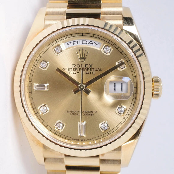 ROLEX 2022 YELLOW GOLD DAY-DATE 36 CHAMPAGNE DIAMOND DIAL 128238 BOX & PAPERS $35,975