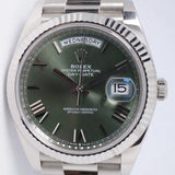 ROLEX NEW 2022 WHITE GOLD DAY-DATE 40 GREEN OLIVE ROMAN NUMERAL DIAL 228239 BOX & PAPERS