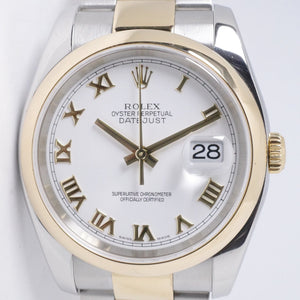 ROLEX DATEJUST 36 TWO TONE YELLOW GOLD SMOOTH BEZEL OYSTER BRACELET WHITE ROMAN DIAL 116203 BOX & PAPERS $8,250