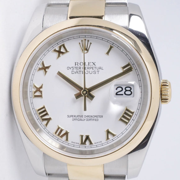 ROLEX DATEJUST 36 TWO TONE YELLOW GOLD SMOOTH BEZEL OYSTER BRACELET WHITE ROMAN DIAL 116203 BOX & PAPERS $8,250