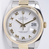 ROLEX DATEJUST 36 TWO TONE YELLOW GOLD SMOOTH BEZEL OYSTER BRACELET WHITE ROMAN DIAL 116203 BOX & PAPERS $8,250