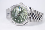 ROLEX NEW DATEJUST 36 GREEN PALM DIAL WHITE GOLD FLUTED BEZEL JUBILEE BRACELET 126234 BOX & PAPERS