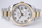 ROLEX DATEJUST 36 TWO TONE YELLOW GOLD SMOOTH BEZEL OYSTER BRACELET WHITE ROMAN DIAL 116203 BOX & PAPERS $8,250