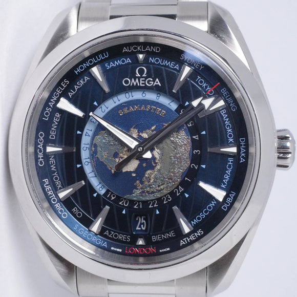 OMEGA SEAMASTER AQUA TERRA WORLDTIMER BLUE DIAL BOX & PAPERS $6,500