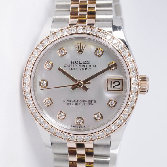 ROLEX LADIES DATEJUST 31 TWO TONE EVEROSE JUBILEE DIAMOND BEZEL MOTHER OF PEARL DIAMOND DIAL 278381RBR BOX & PAPERS