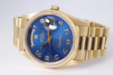 ROLEX YELLOW GOLD DAY-DATE SINGLE QUICK RARE BLUE JUBILEE MOTIF ARABIC NUMERAL DIAL 18038 WATCH ONLY $15,975