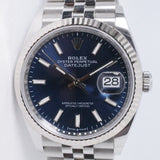 ROLEX 2025 DATEJUST 36 STAINLESS STEEL BLUE DIAL WHITE GOLD FLUTED BEZEL, JUBILEE BRACELET 126234 BOX & PAPERS $11,975