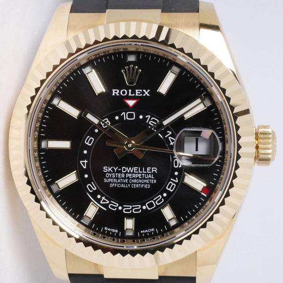 ROLEX 2023 YELLOW GOLD SKY DWELLER OYSTER FLEX BLACK DIAL 326238  BOX & PAPERS
