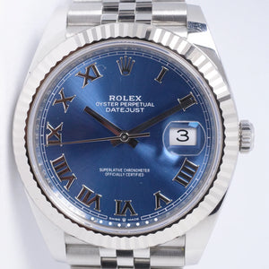 ROLEX 2022 DATEJUST 41 BLUE ROMAN DIAL FLUTED BEZEL JUBILEE BRACELET 126334 BOX & PAPERS $12,500