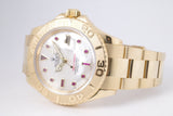 ROLEX YELLOW GOLD YACHTMASTER MOTHER OF PEARL RUBY DIAL 16628 BOX & SERVICE PAPERS