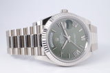 ROLEX NEW 2022 WHITE GOLD DAY-DATE 40 GREEN OLIVE ROMAN NUMERAL DIAL 228239 BOX & PAPERS