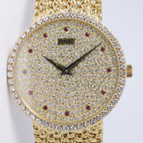 PIAGET MENS VINTAGE YELLOW GOLD DANCER, DIAMOND RUBY DIAL, MANUAL WIND WATCH MINT UNPOLISHED BOX & PAPERS $15,800