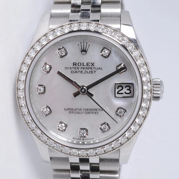 ROLEX LADIES  DATEJUST 31 STAINLESS STEEL FACTORY DIAMOND BEZEL MOTHER OF PEARL DIAMOND DIAL JUBILEE BRACELET 278384RBR BOX & PAPERS
