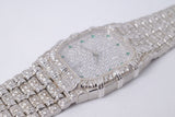 AUDEMARS PIGUET LADIES WHITE GOLD BAMBOO QUARTZ  FULL DIAMOND BRACELET, DIAMOND & EMERALD DIAL