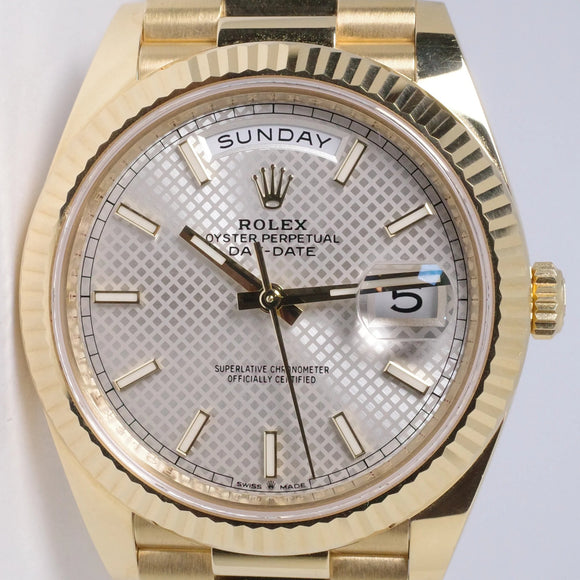 ROLEX YELLOW GOLD DAY-DATE PRESIDENT 40MM SILVER MOTIF DIAL MINT 228238 BOX AND PAPERS $40,975