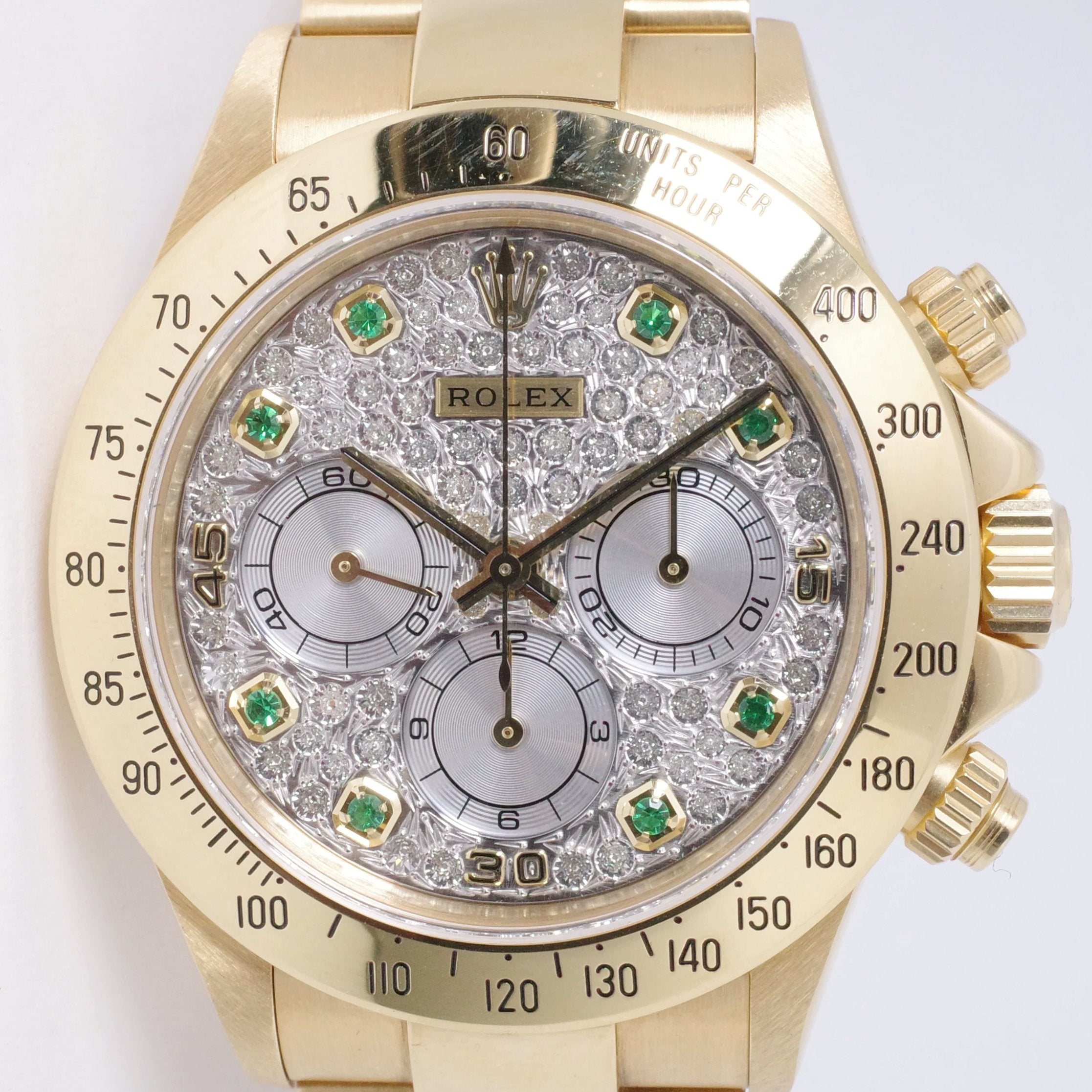 ROLEX YELLOW GOLD DAYTONA ZENITH, SILVER PAVE DIAMOND & EMERALD