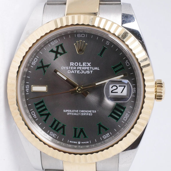 ROLEX 2021 DATEJUST 41 TWO TONE YELLOW GOLD & STEEL SLATE GREEN ROMAN WIMBLEDON DIAL 126333 BOX PAPERS $13,250
