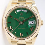 ROLEX 2023 YELLOW GOLD DAY-DATE 40 GREEN ROMAN DIAL ARABIC MIDDLE EAST CALENDAR 228238 BOX & PAPERS