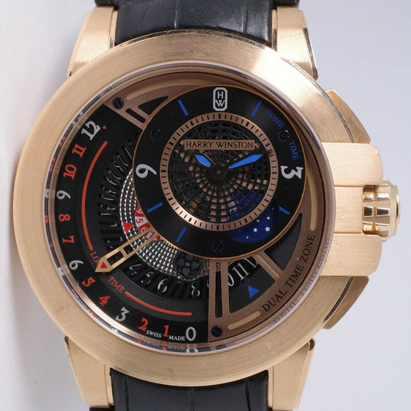 HARRY WINSTON ROSE GOLD OCEAN DUAL TIME BOX & SERVICE PAPERS
