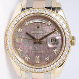 ROLEX TRIDOR DAY-DATE PEARLMASTER BLACK MOTHER OF PEARL ANNIVERSARY JUBILEE DIAMOND DIAL, DIAMOND BEZEL 18948 BOX & PAPERS