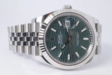 ROLEX 2023 DATEJUST 41 MINT GREEN FLUTED MOTIF DIAL, FLUTED BEZEL JUBILEE BRACELET 126334 BOX & PAPERS