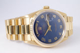 ROLEX YELLOW GOLD DAY-DATE SINGLE QUICK RARE BLUE JUBILEE MOTIF ARABIC NUMERAL DIAL 18038 WATCH ONLY $15,975