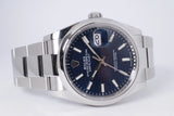 ROLEX UNWORN DATEJUST 36 SMOOTH BEZEL OYSTER BRACELET BLUE FLUTED MOTIF DIAL 126200 BOX & PAPERS