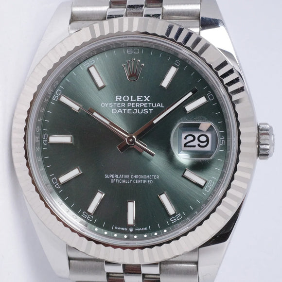 ROLEX DATEJUST 41 MINT GREEN DIAL FLUTED BEZEL JUBILEE BRACELET 126334 BOX & PAPERS $13,800