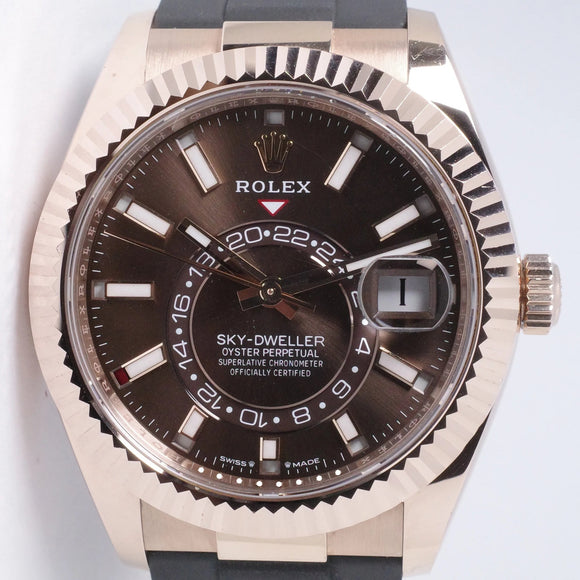 ROLEX 2024 EVEROSE GOLD SKY DWELLER OYSTER FLEX CHOCOLATE DIAL 336235 BOX & PAPERS $39,500