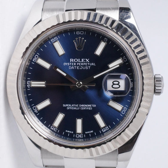 ROLEX 41mm DATEJUST II BLUE DIAL WHITE GOLD FLUTED BEZEL OYSTER BRACELET 116334 BOX & PAPERS