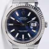 ROLEX 41mm DATEJUST II BLUE DIAL WHITE GOLD FLUTED BEZEL OYSTER BRACELET 116334 BOX & PAPERS