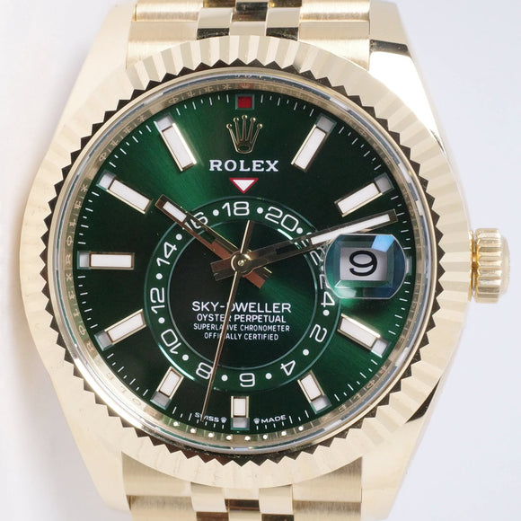 ROLEX NEW 2025 YELLOW GOLD SKY-DWELLER GREEN DIAL JUBILEE BRACELET 336938 BOX & PAPERS $75,500