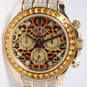 ROLEX YELLOW GOLD LEOPARD DAYTONA FACTORY DIAMOND & SAPPHIRES 116598SACO BOX & PAPERS