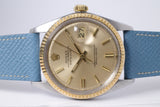 ROLEX  VINTAGE TWO TONE STEEL & YELLOW GOLD DATEJUST CHAMPAGNE DIAL 1601 ON LEATHER STRAP $3,500