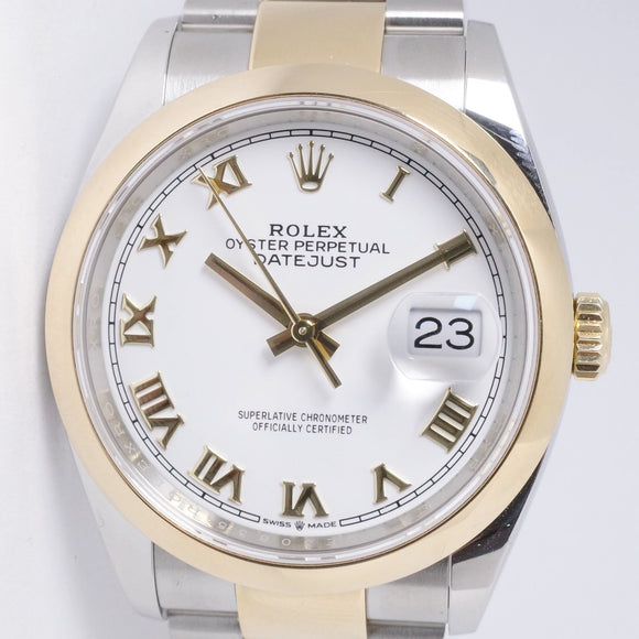 ROLEX TWO TONE DATEJUST 36 WHITE ROMAN DIAL 126203 MINT BOX & PAPERS