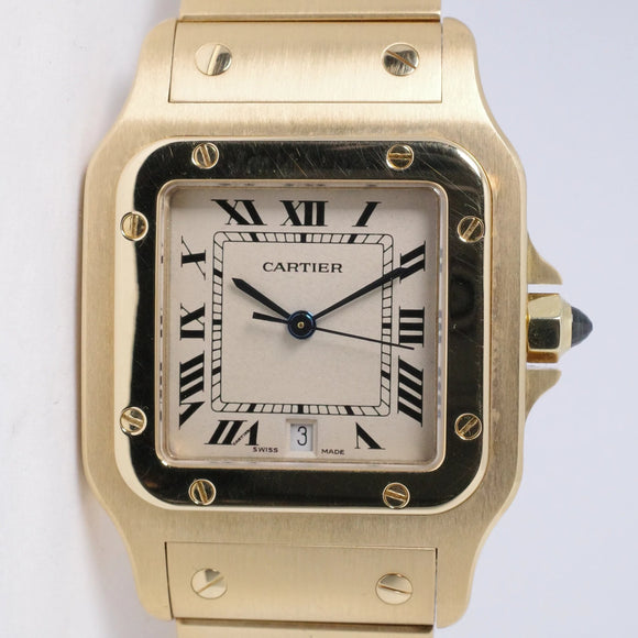 CARTIER 1989 YELLOW GOLD SANTOS GALBEE QUARTZ W20009C5 UNPOLISHED BOX & PAPERS
