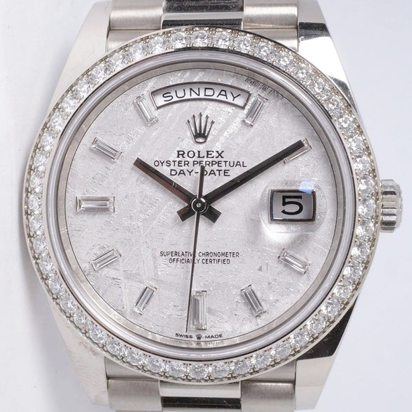 ROLEX 2022 WHITE GOLD DAY-DATE 40 METEORITE BAGUETTE DIAMOND DIAL & PAVE DIAMOND BEZEL 228349RBR BOX & PAPERS