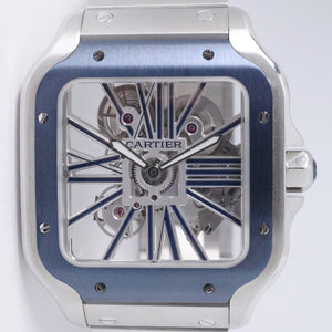 CARTIER SANTOS DE CARTIER SKELETON STAINLESS STEEL BLUE BEZEL WHSA0026 MINT BOX & PAPERS