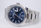 ROLEX UNWORN DATEJUST 36 SMOOTH BEZEL OYSTER BRACELET BLUE FLUTED MOTIF DIAL 126200 BOX & PAPERS