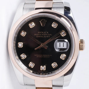 ROLEX DATEJUST 36 TWO TONE ROSE GOLD SMOOTH BEZEL OYSTER BRACELET BLACK DIAMOND DIAL 116201 BOX & PAPERS