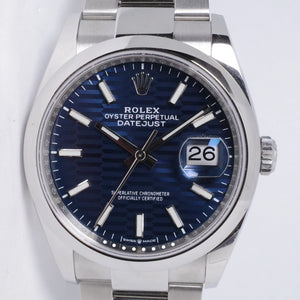 ROLEX UNWORN DATEJUST 36 SMOOTH BEZEL OYSTER BRACELET BLUE FLUTED MOTIF DIAL 126200 BOX & PAPERS